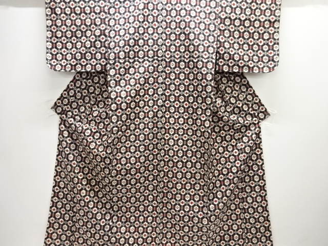 JAPANESE ANTIQUE ENSEMBLE KIMONO / TAISHO ROMAN STYLE / SILK / MEISEN / WOVEN GEOMETRIC